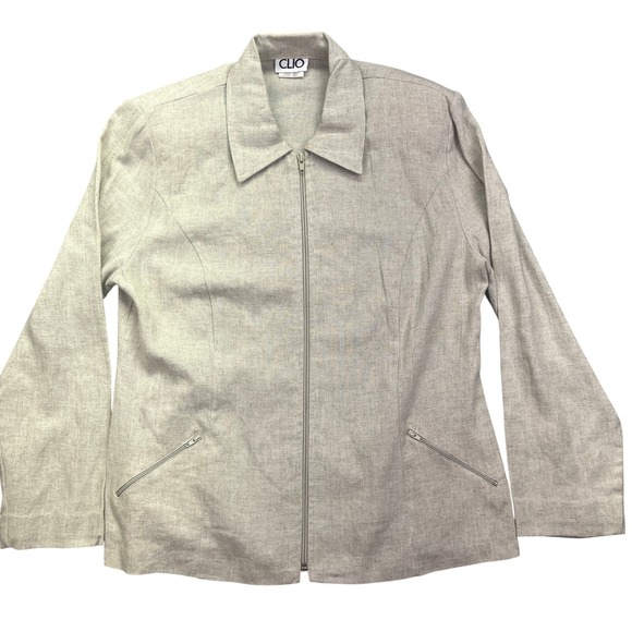 CLIO Linen Blend Jacket Zip Front Career Office Neutral Tencel Large Cottagecore - Picture 1 of 9